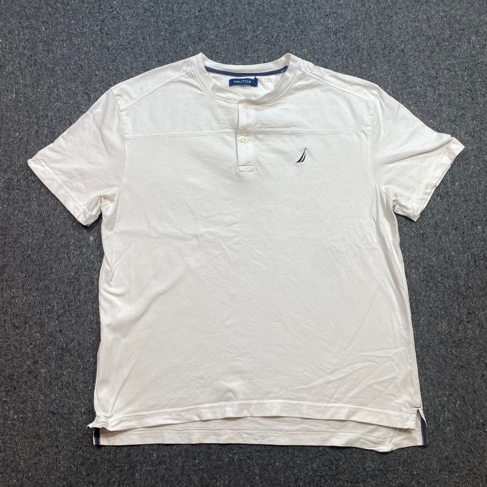 Nautica Henley TShirt Sz L Mens White Preppy Embroidered Logo Short Sleeve Tee